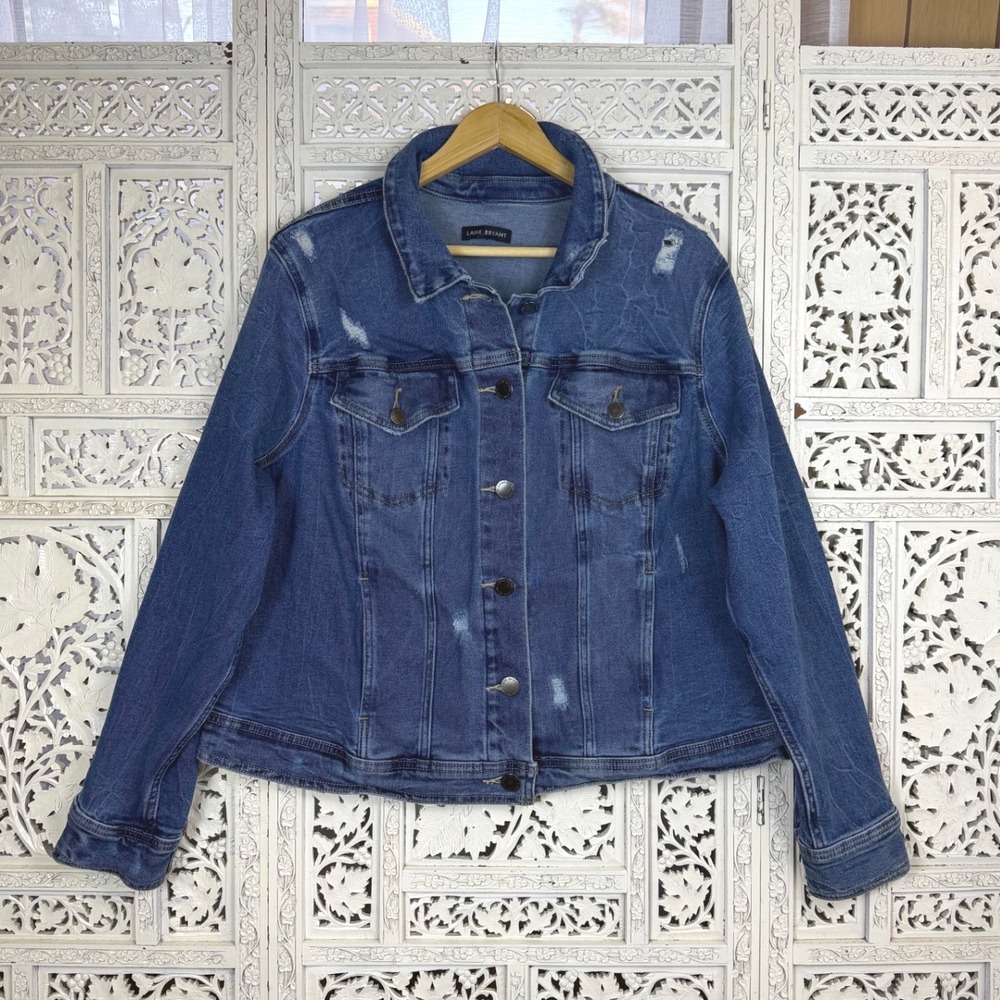 Lane Bryant‎ Medium Wash Distressed Button Up Denim Jacket Sz Womens Plus 24